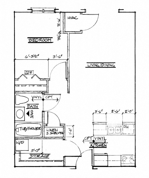 Floor plan for 1 bed, 1 bath, 602 sqft